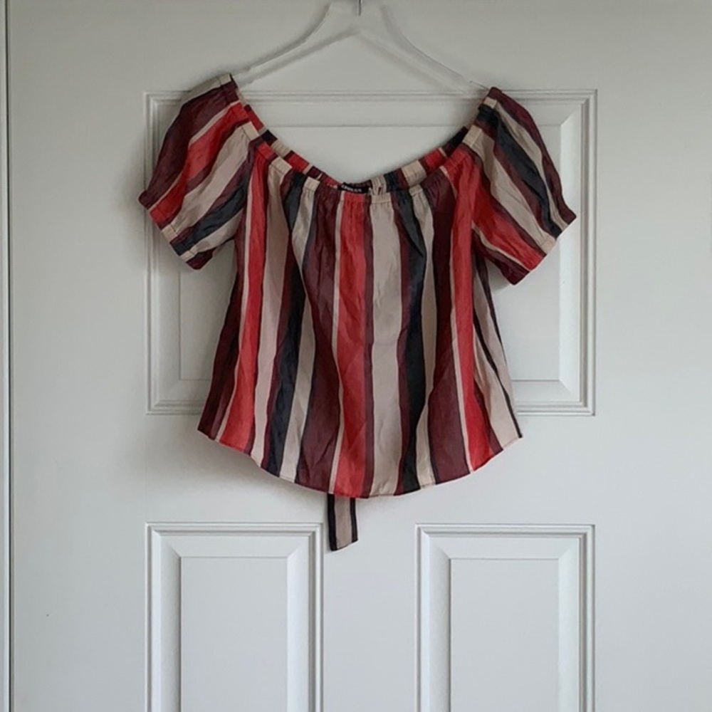 EXPRESS Multicolor Off the Shoulder Striped Crop Top, Short Sleeve Tie Back		NWT